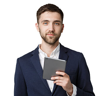 Business Concept - Portrait Handsome Business man playing digital tablet with smiling confident face. White Background. Copy Space.